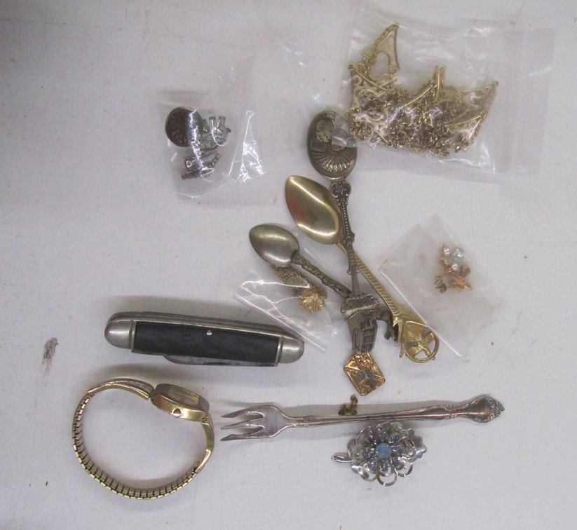 Lot Of Assorted Watches, Costume Jewelry, Souvenir Spoons And Forks