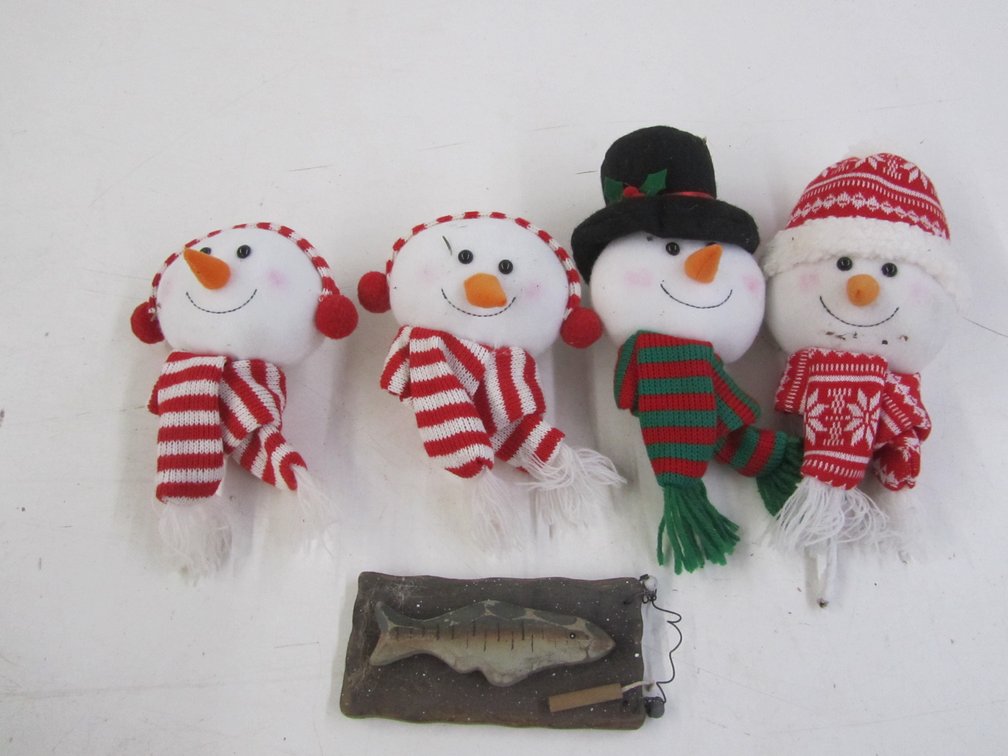 (4) Snowman Decorations And (1) Fishing Wall Hanging