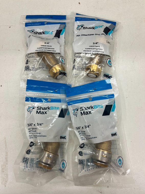(2) Sharkbite 3/4" Elbows and (2) Sharbite 3/4" Check Valves