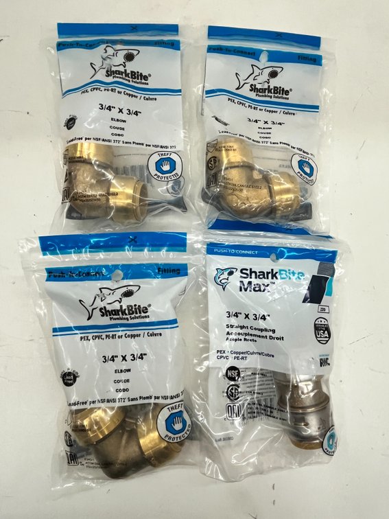 (3) Sharkbite 3/4" Elbows and (1) 3/4" Straight Couplings