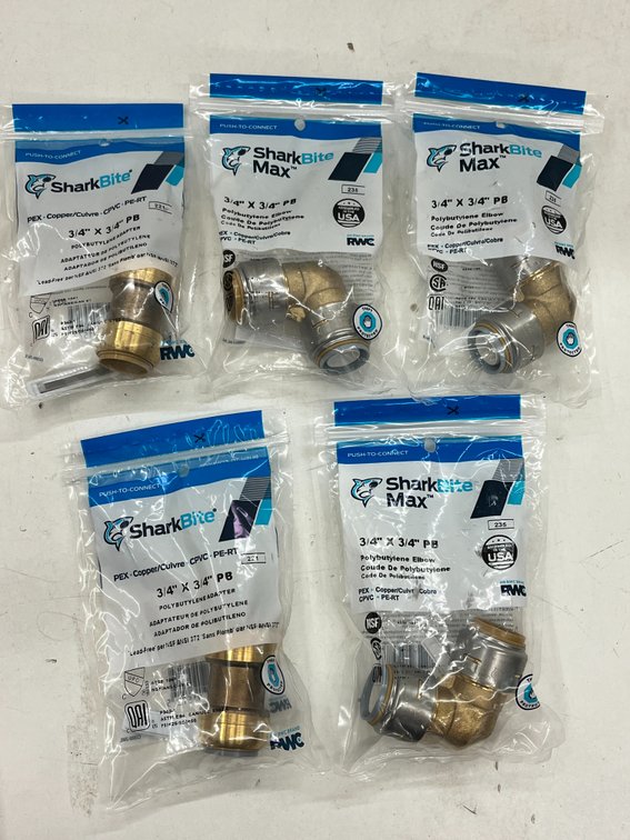 (3) Sharkbite 3/4" PB Elbows and (2) 3/4" PB Adapters