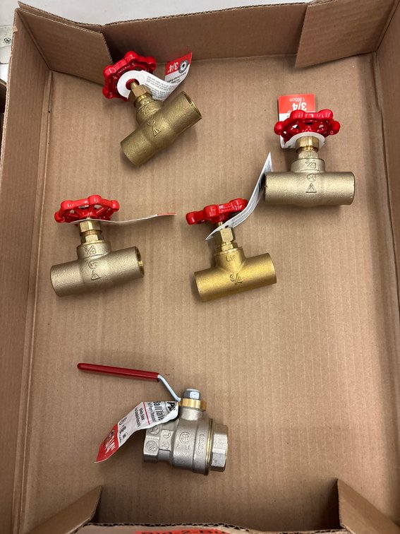(3) 3/4" Stop and Waste Valves, (1) Stop Valve, and (1) Ball Valve