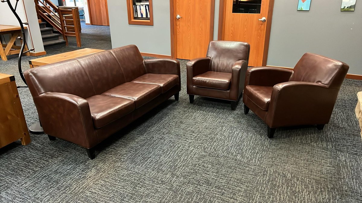 Brown Leather 3-Seat Sofa and 2 Armchairs Set – Wood Frame, Office/Living Room Lounge Seating