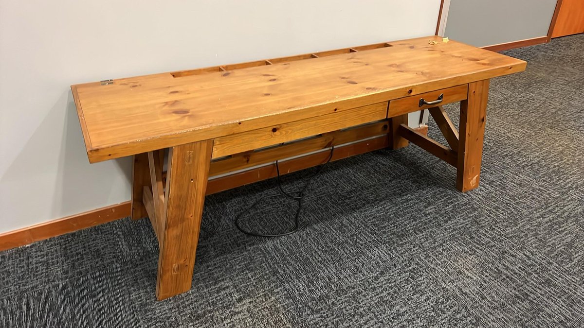 Wooden Workbench / Desk with Locking Drawer & Built-In Power Outlets, Approx. 6' x 20" x 30"