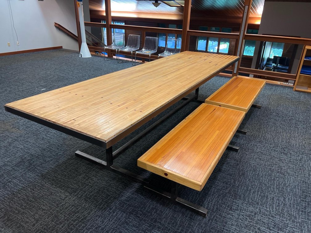 Industrial-Style Reclaimed Bowling Alley Lane Table Set with Matching Benches