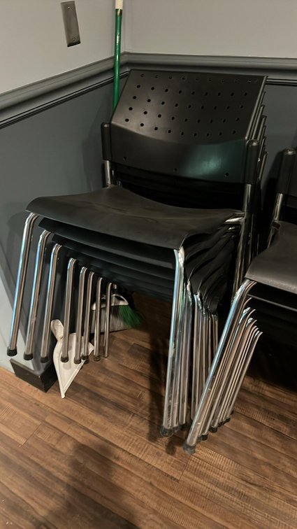 (8) Stackable Black Plastic Chairs, Chrome Steel Frame