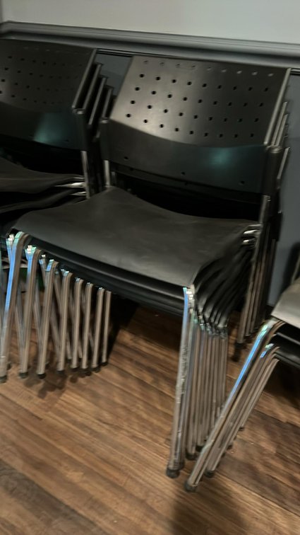 (8) Stackable Black Plastic Chairs, Chrome Steel Frame