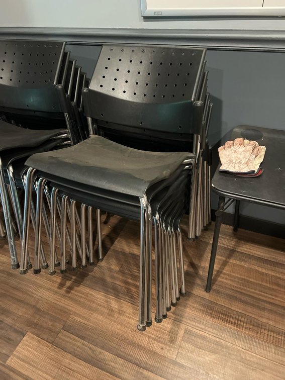 (8) Stackable Black Plastic Chairs, Chrome Steel Frame
