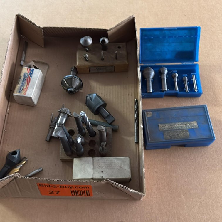 Assorted (2) Weldon 90° Deburring Tool Sets, (2) Countersink and Deburring Tool Sets, (1) Single Angle Chamfer, (1) Mixed End Mills and Drills