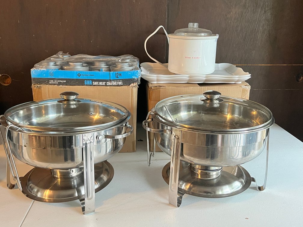 (2) Round Chafing Dishes and (12) Chafing Fuel Cans