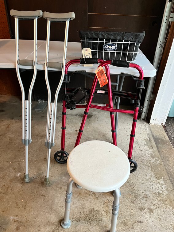 Pair of Crutches, Shower Stool, and Walker