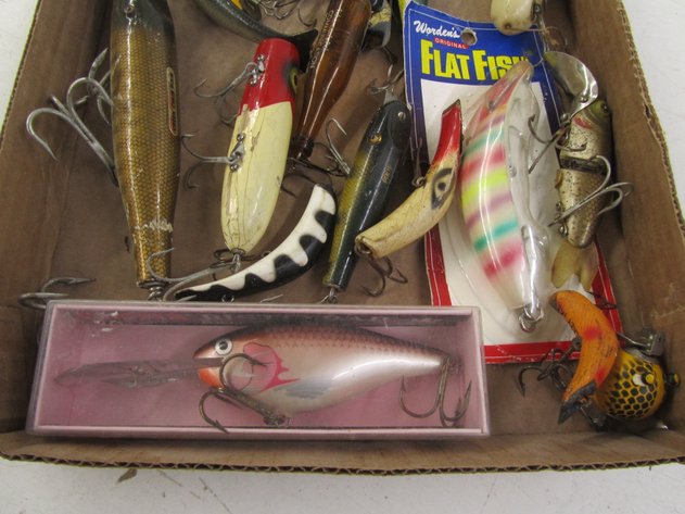 Image for Flat Of Assorted Vintage Wood Fishing Lures And More