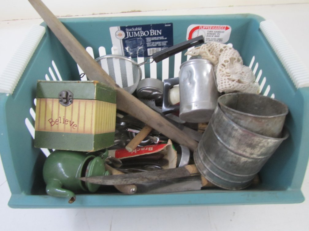 Bin Of Assorted Vintage Kitchen Utensils And More