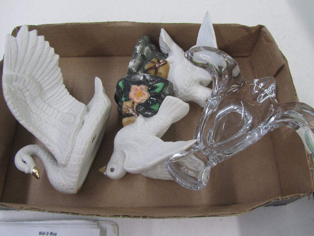 Glass Dove Candy Dish, (2) Ceramic Dove Figures, And Swan Figure