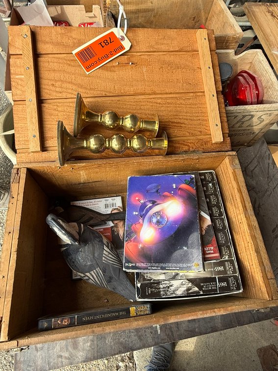 Wooden Crate with Movies, Loon D?cor, and Candle Stick Holders