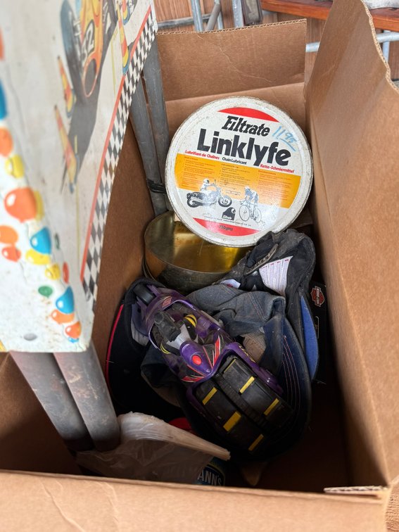 Toy Motorcycle, Hats, and Tin