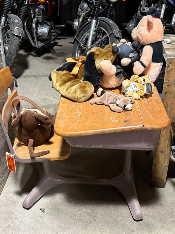 Vintage School Desk and Stuffed Animals