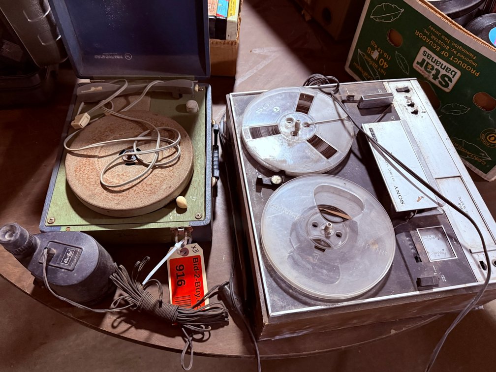 Record Player, Sony 45 Record Recorder, and Electric Air Pump