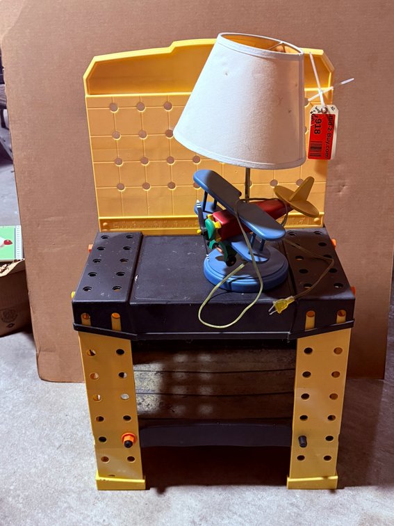 Toy Work Bench and Wood Painted Airplane Lamp