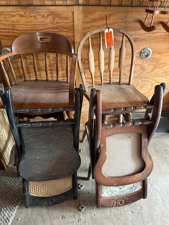 (2) Wood Chairs / Stools and (2) Wood Rocking Chairs
