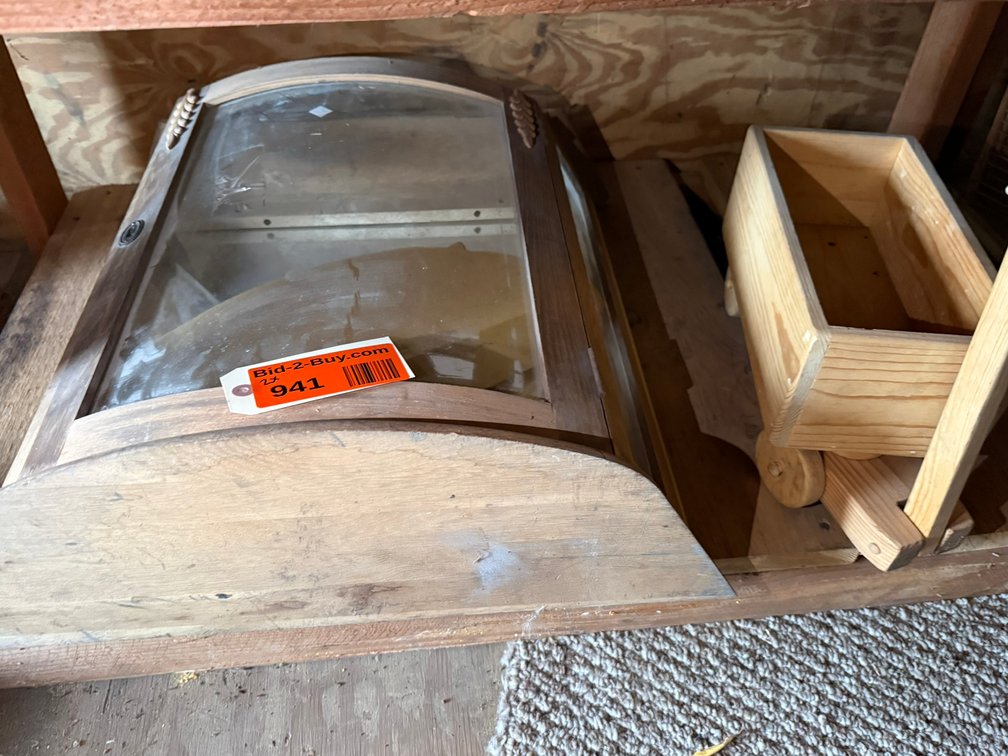 Wood and Glass Display Shelf and Wood Wagon