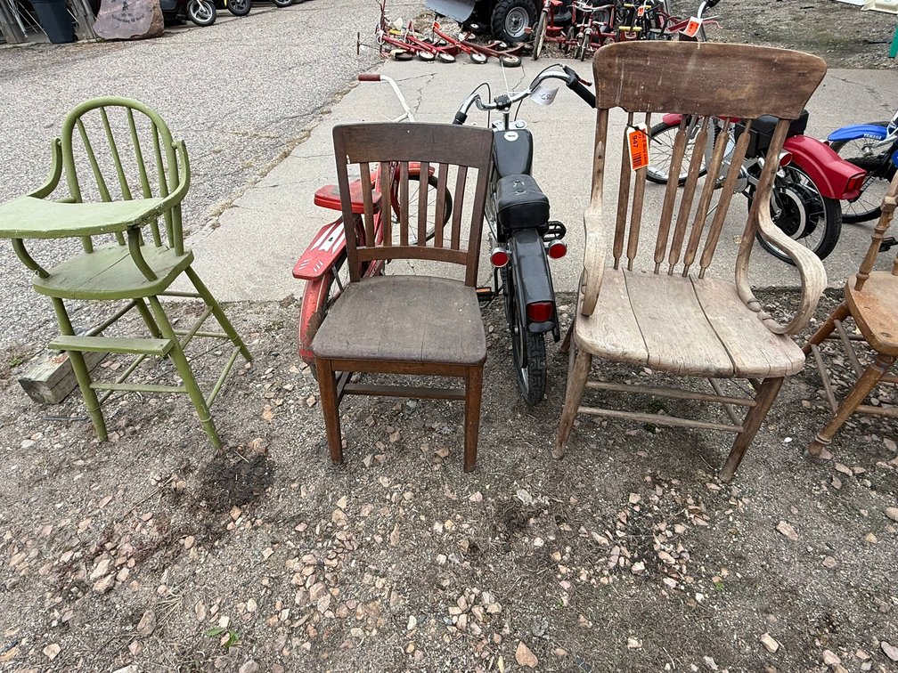 (2) Wood chairs and (1) High Chair