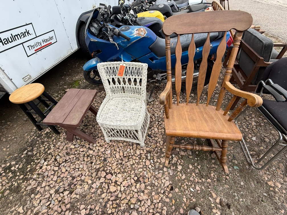 (1) Wooden Rocking Chair, (1) Wicker Chair, (1) Stool and (1) Side table