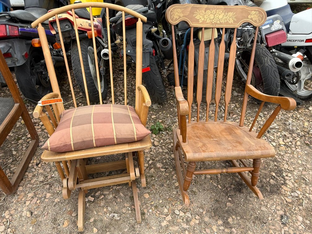 (1) Glider Rocker with Pillow Cushion, (1) Traditional Wooden Rocking Chair