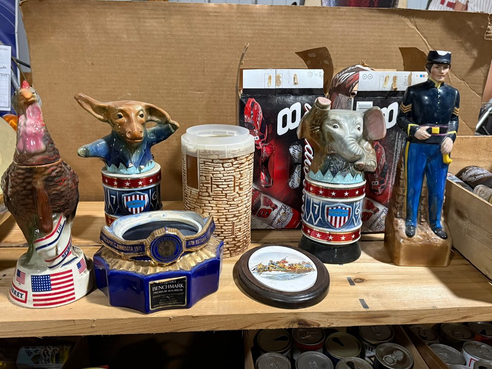 (5) Decanters, Assortment of Cans, and Wooden D?cor