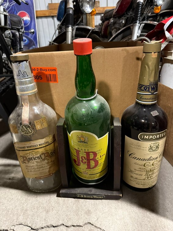 (3) Large Glass Bottles and Box of Assorted Collectors Cans