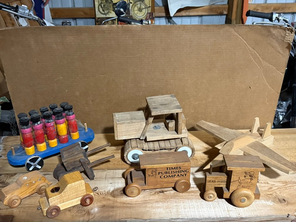 Large Assortment of Wooden Toy Cars, Trucks, and Plane