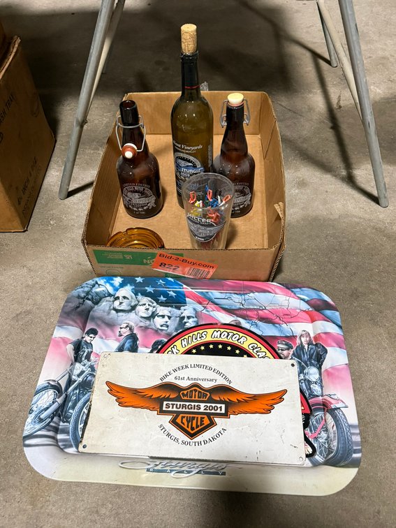 Sturgis Memorabilia, Tray, Bottles, and Sign