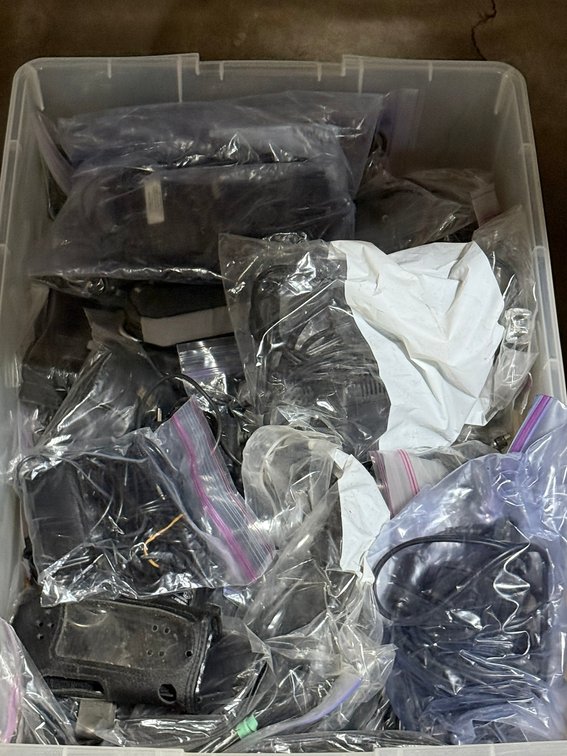 Box of Assorted Cords, Adapters, and Alarms