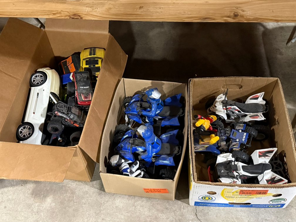 (3) Boxes of Toy Cars, 4- Wheelers, and Motorcycles