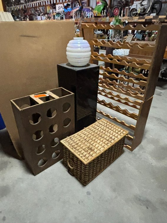 (3) Wine Racks, Wicker Box, and Unique Pillar Vase/ Stand