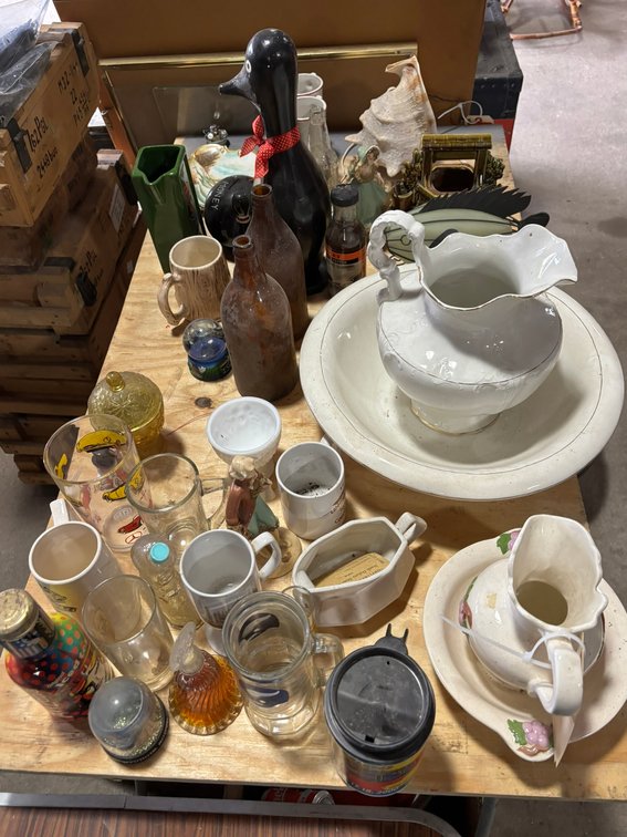 Dishes, Gravy Boat, Shell Lamp, Cups, and Pitchers