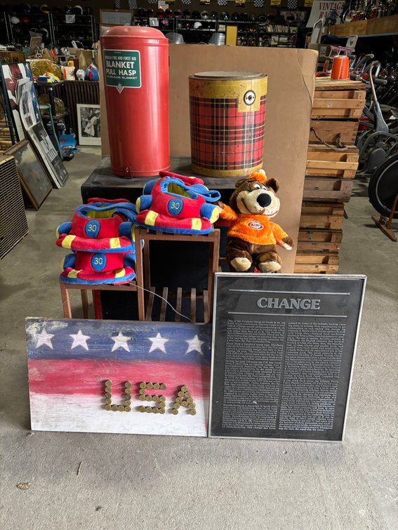 Wood Plant Stand, Wall D?cor, Trunk, Tin, Woolen Fire Blanket Canister, and Stuffed Bear