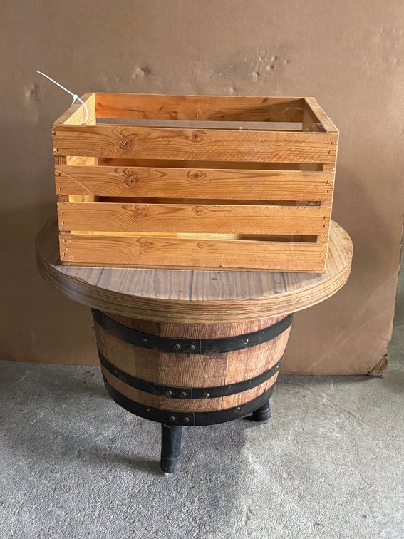 Barrel Table and Wood Crate