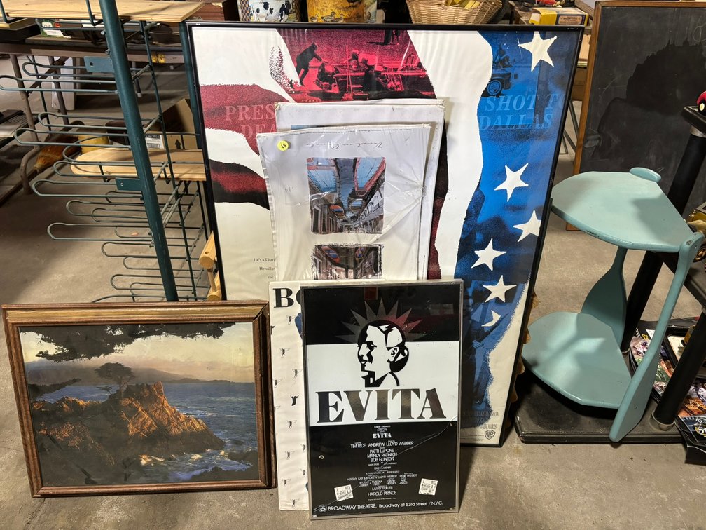 (2) Racks, End Table, Posters, and Framed Art