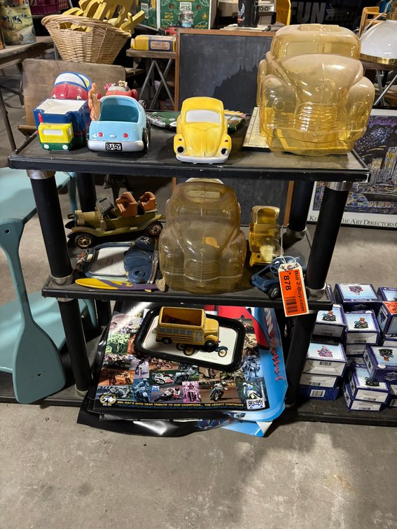 Vehicle Planters, Piggy Banks, and Posters