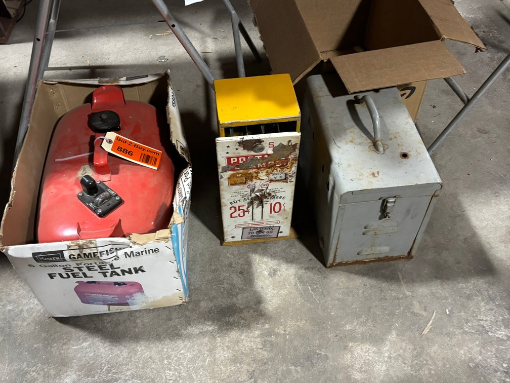 Sears Gamefisher Portable Fuel Tank, Postage Stamp Vending Machine, Metal Control Box