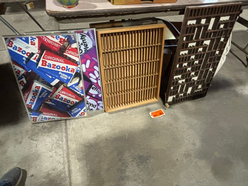 Vintage Wood  Apothecary Shelf, Wood Tape Rack, (2) Vintage Candy Posters