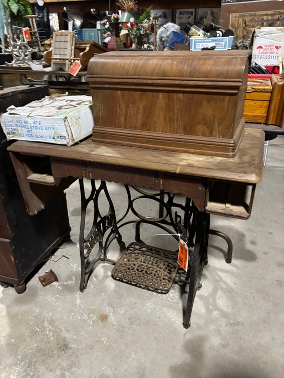 Vintage New Home Sewing Machine/ Table, Wood Clock, and Double Barrel Adapter Kit