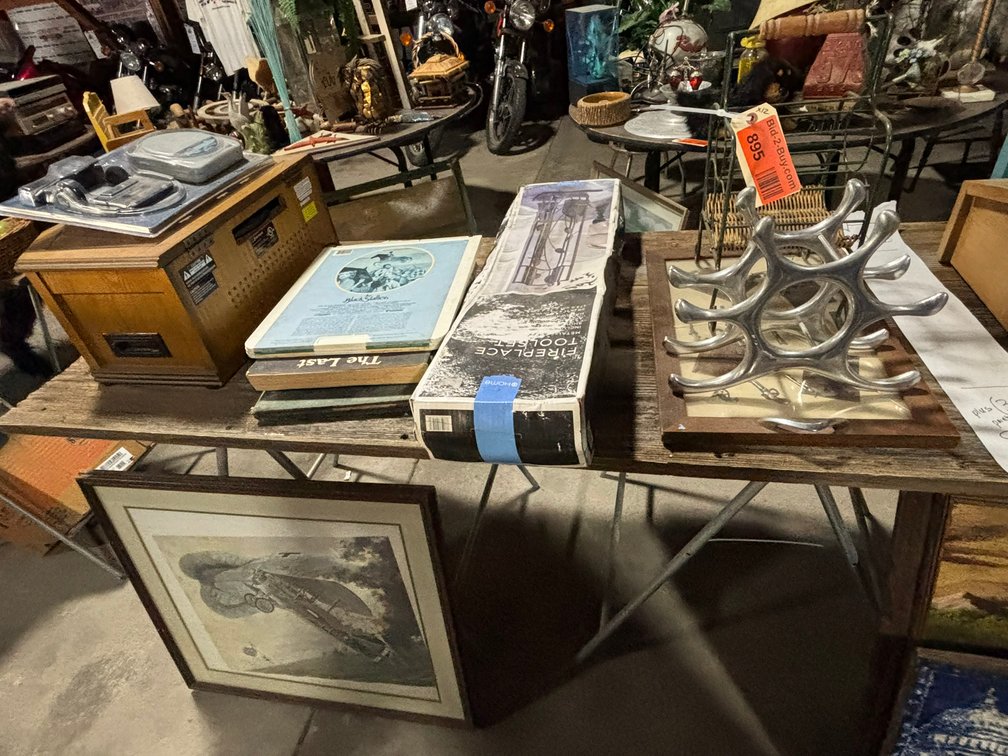 Fireplace Tools, Rack, Wall Art, Record Player/ CD Player/ Radio I One, and RCA Video Discs