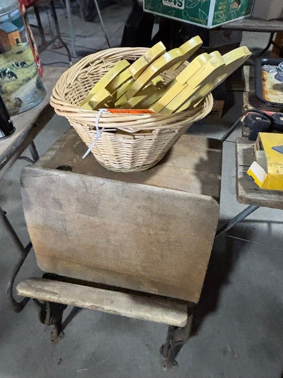Vintage School Desk/ Bench, Wicker Basket, and Wood Wall Letters