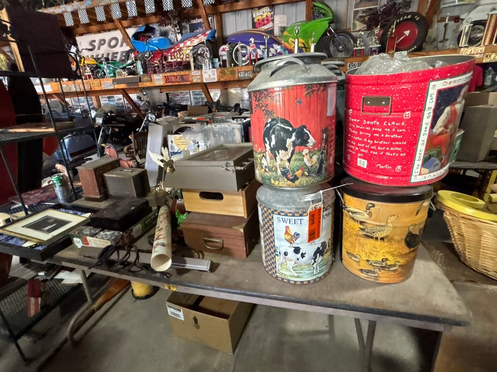 Vintage Wall Art, Watering Cans, Tins, and Printed Barrels