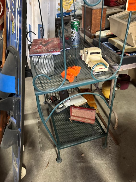 4- Tired Green Metal Shelf and Contents on Shelf