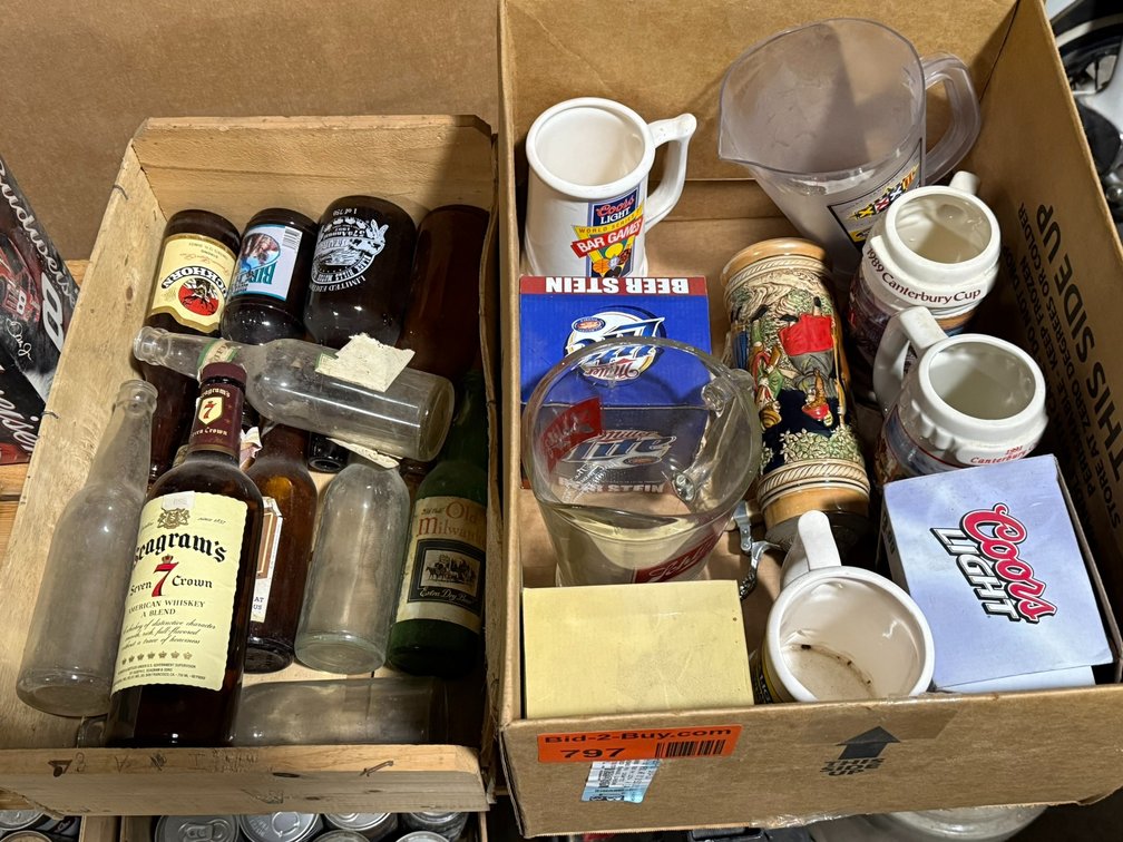 (2) Beer Pitchers, (8) Beer Steins, and (11) Glass Bottles in Wood Crate
