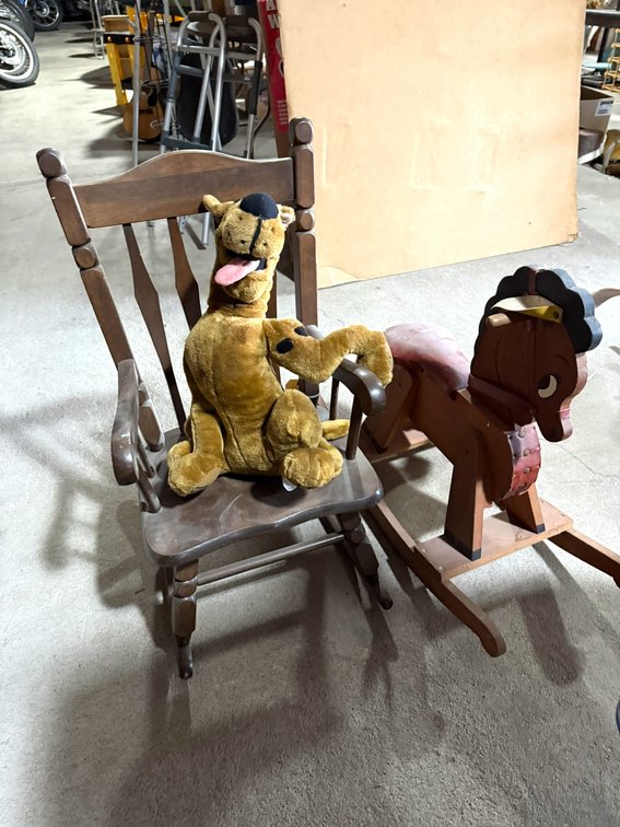 Vinatge Rocking Horse, Rocking Chair, and Stuffed Animal