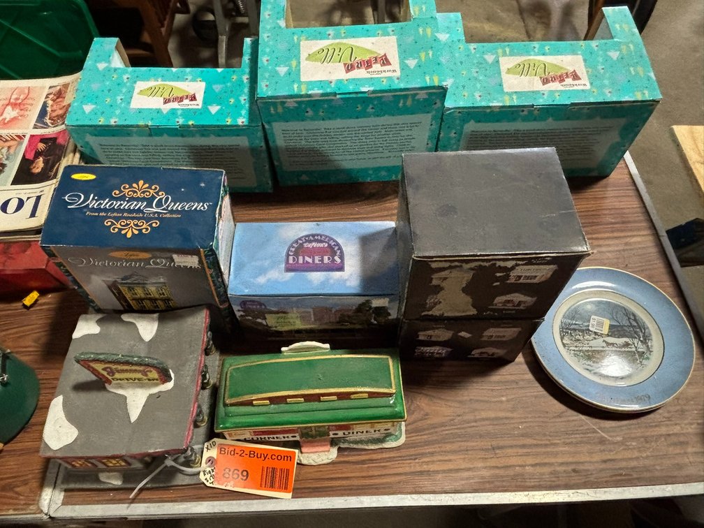 (9) Village Pieces and (2) Holiday Plates